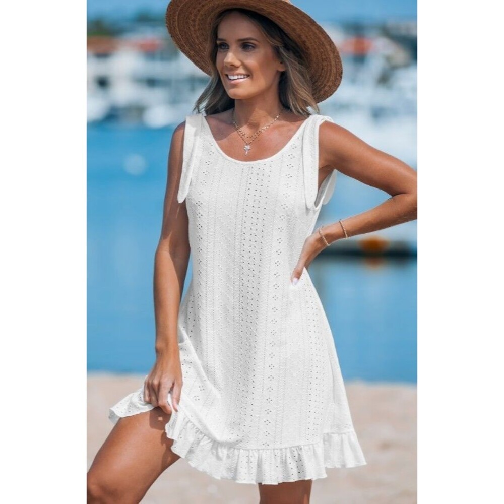 NWT CUPSHE White Eyelet Swim Cover Up Dress Shoulder Tie Scoop Neck - Large - Picture 2 of 7